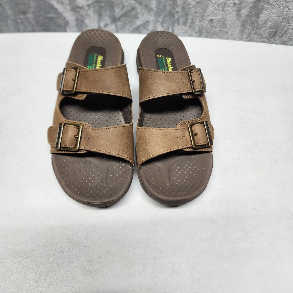 Skechers Slide Sandals Womens Size 9 Brown Leather Double Strap Reggae Jammin - Picture 11 of 13